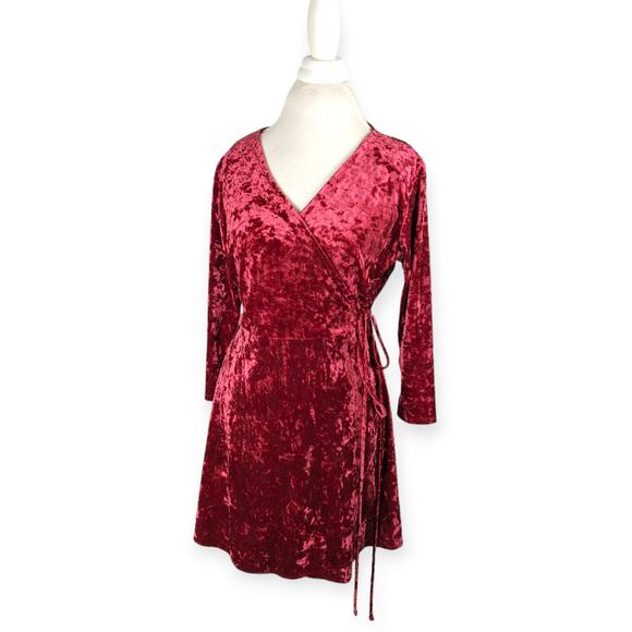 Lulus Shine of Your Life Wine Red Crushed Velvet Wrap Skater Dress Size XL - Picture 2 of 9